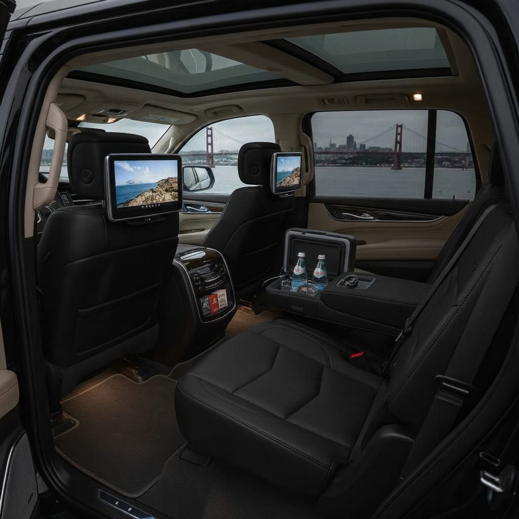 Luxury Cadillac Escalade interior with black leather seats and Golden Gate Bridge view