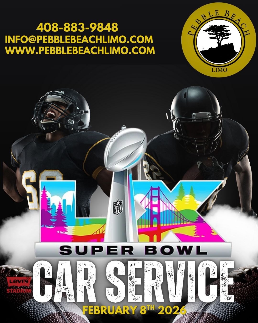 Luxury transportation to Super Bowl 2026 from Pebble Beach, Carmel and Monterey