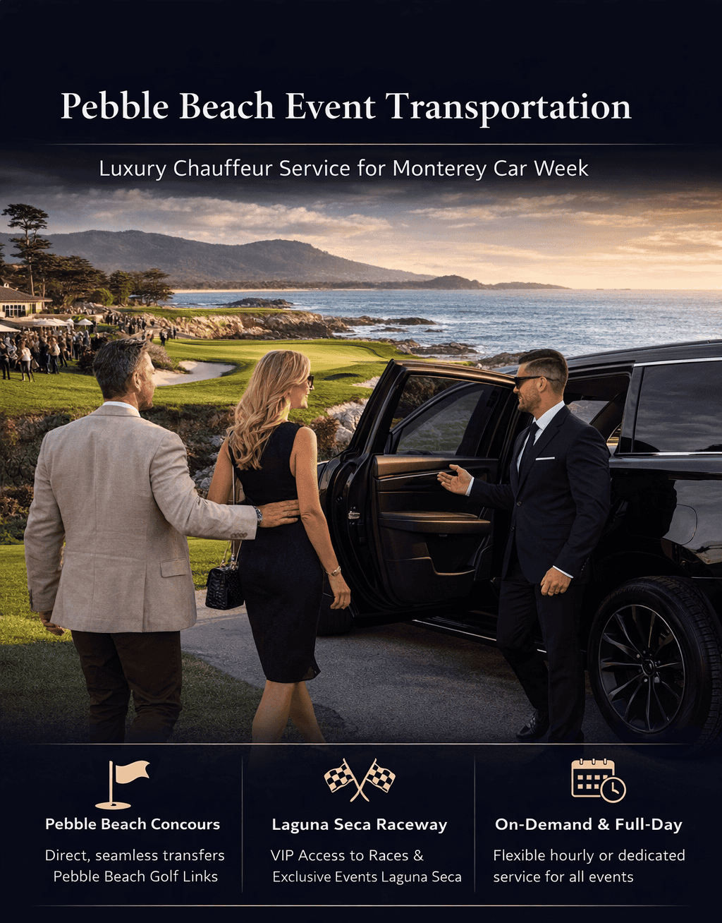Pebble Beach event transportation with luxury chauffeur service and SUV pickup at Monterey Car Week