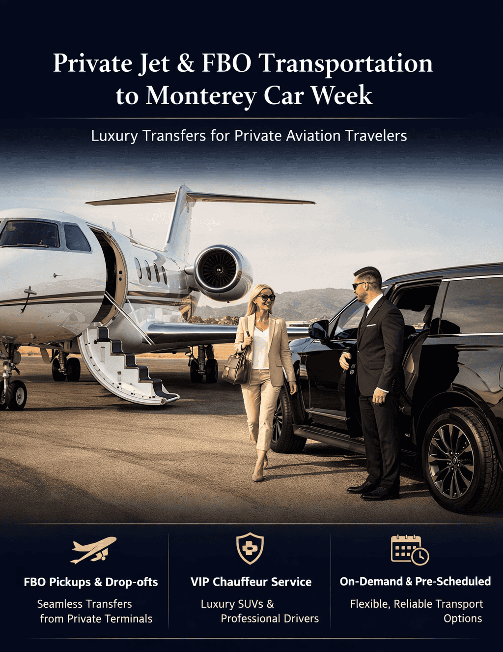 Private jet and FBO transportation Monterey Car Week luxury chauffeur service
